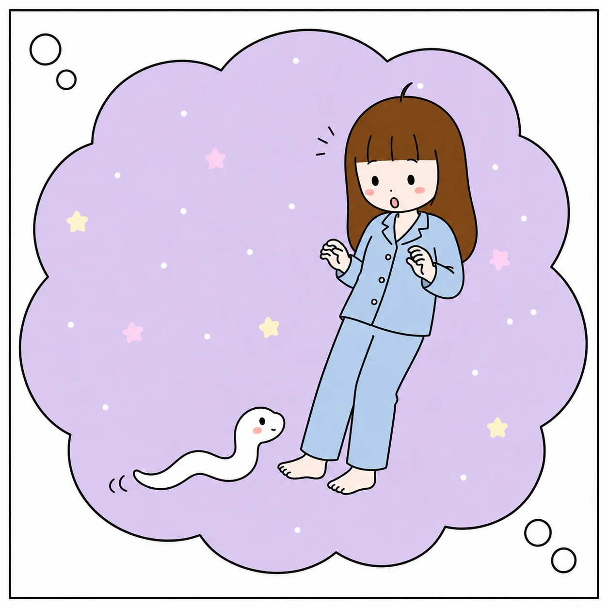 白い蛇が足元に近づいてきて驚く女性の漫画コマ