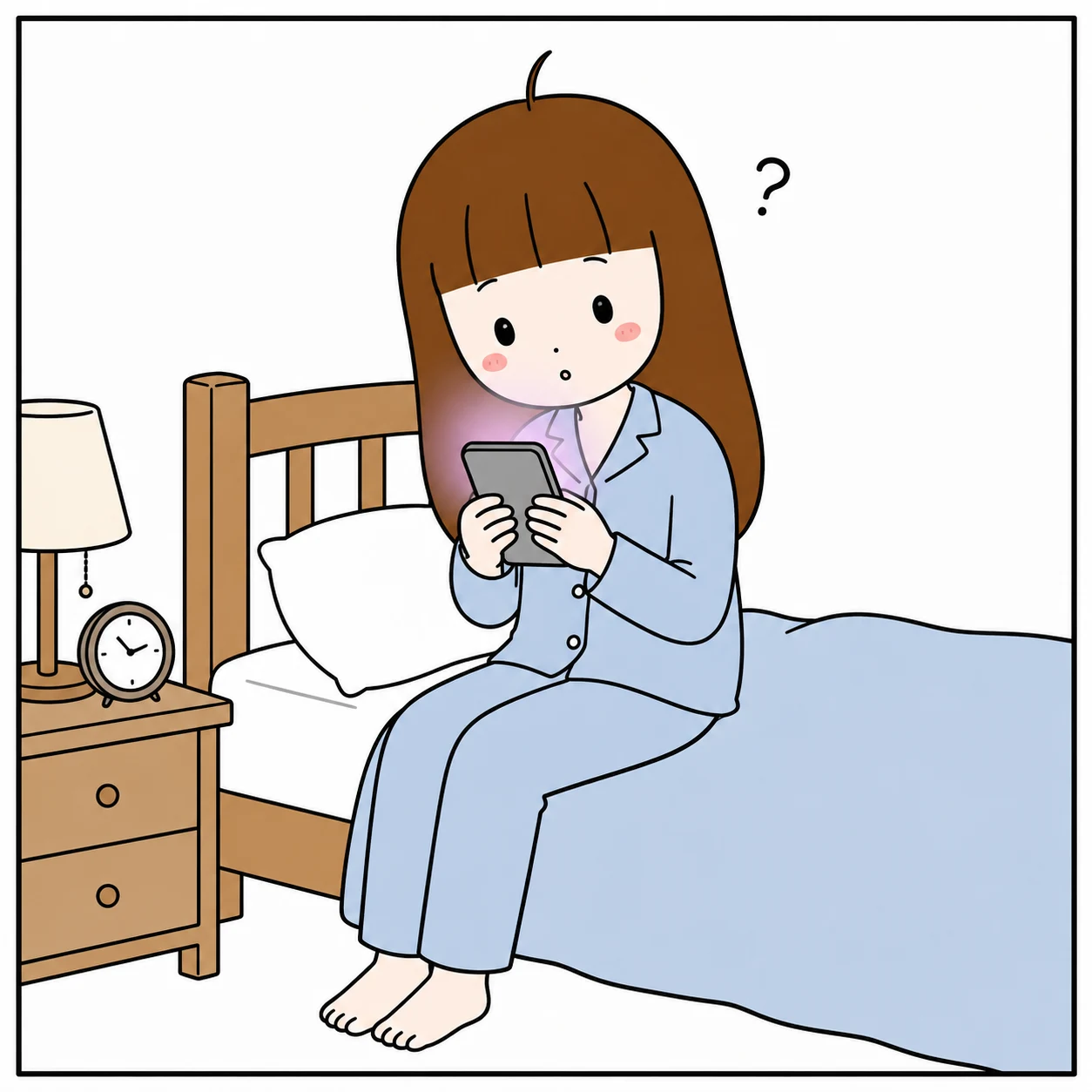 ベッドに腰かけてスマホで夢占いを調べる女性のイラスト