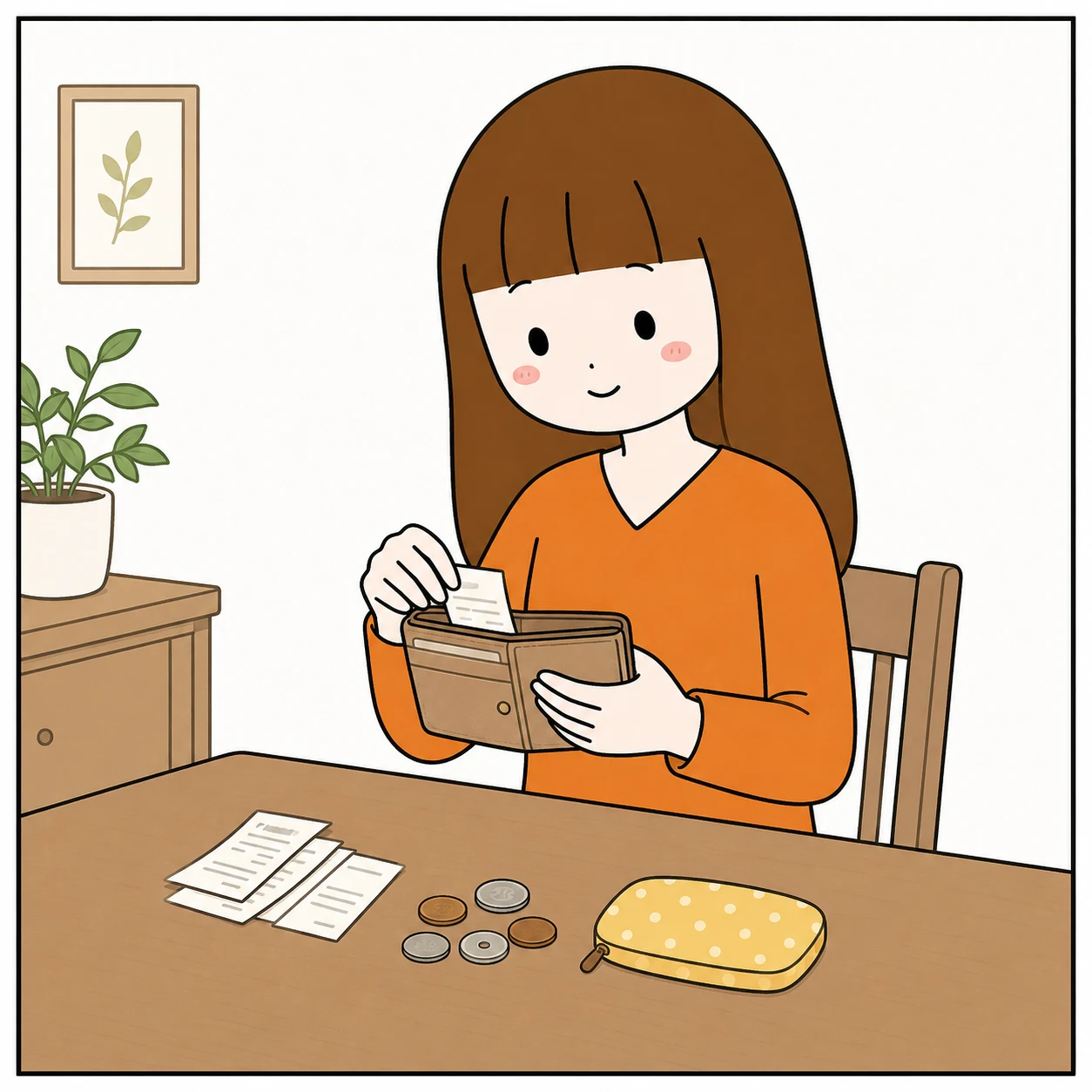 テーブルで財布とレシートを整理する女性のイラスト